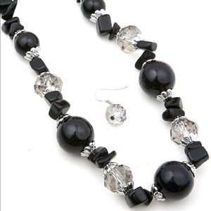Black Glass Bead and Stone Necklace Set